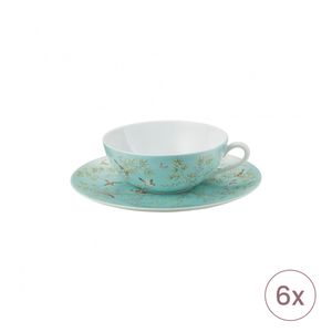 Set 6 Cesti Cu Farfurioare Ceai Paradis Fond Turquoise Raynaud Limoges